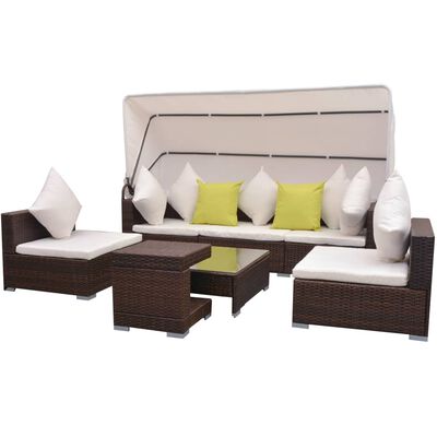 vidaXL 7 Piece Garden Lounge Set with Canopy Poly Rattan Brown