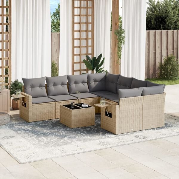 vidaXL 9 Piece Garden Sofa Set with Cushions Beige Poly Rattan