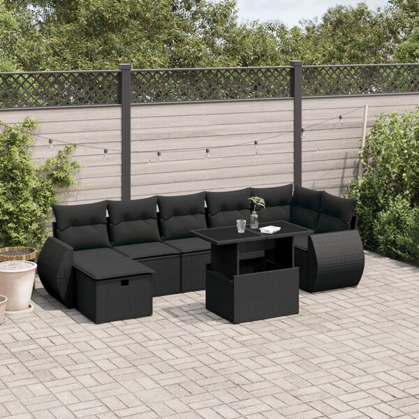 vidaXL 8 Piece Garden Sofa Set with Cushions Black Poly Rattan