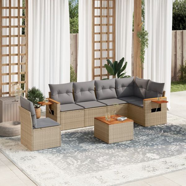 vidaXL 7 Piece Garden Sofa Set with Cushions Beige Poly Rattan