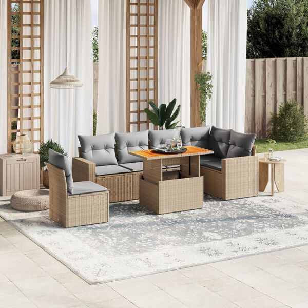 vidaXL 7 Piece Garden Sofa Set with Cushions Beige Poly Rattan