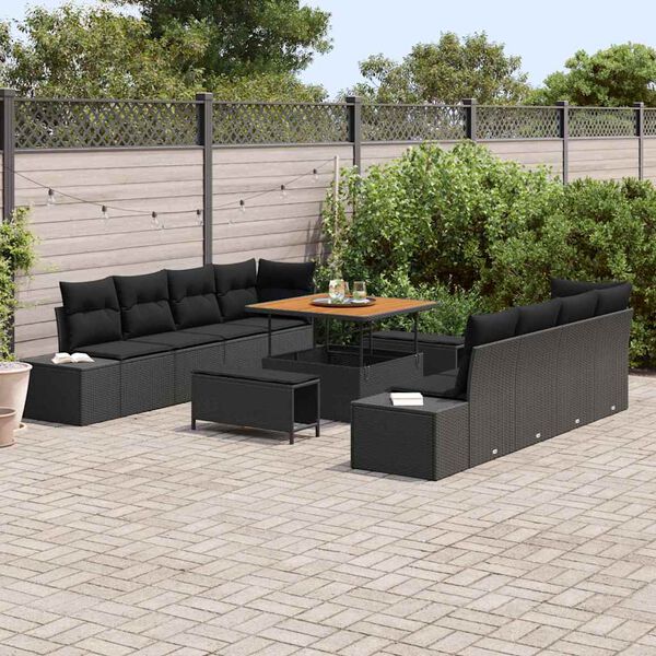 vidaXL Garden Sofa Set with Cushion 11 pcs Black Poly Rattan