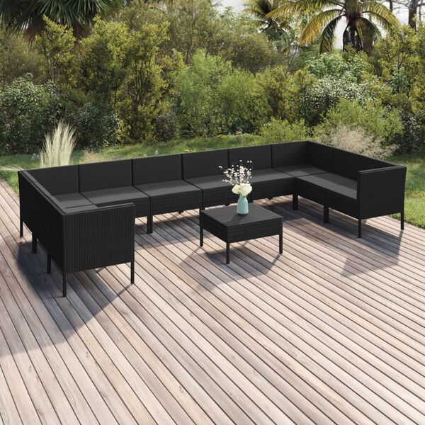 vidaXL 11 Piece Garden Lounge Set with Cushions Poly Rattan Black