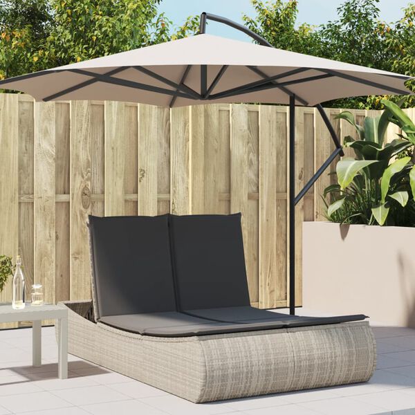 vidaXL Double Sun Lounger with Cushions Light Grey Poly Rattan