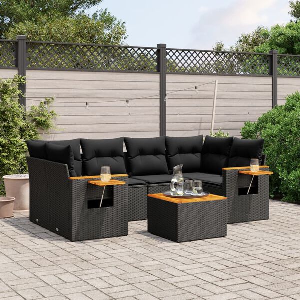 vidaXL 7 Piece Garden Sofa Set with Cushions Black Poly Rattan