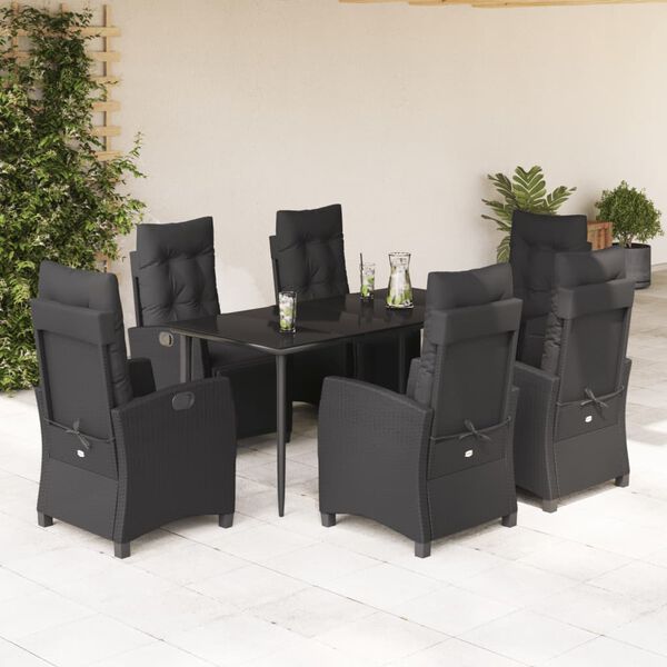 vidaXL 7 Piece Garden Dining Set with Cushions Black Poly Rattan