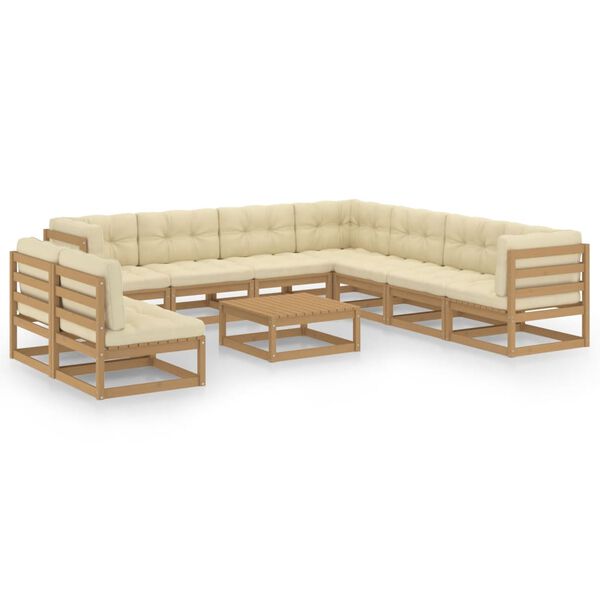 vidaXL 10 Piece Garden Lounge Set&Cushions Honey Brown Solid Pinewood