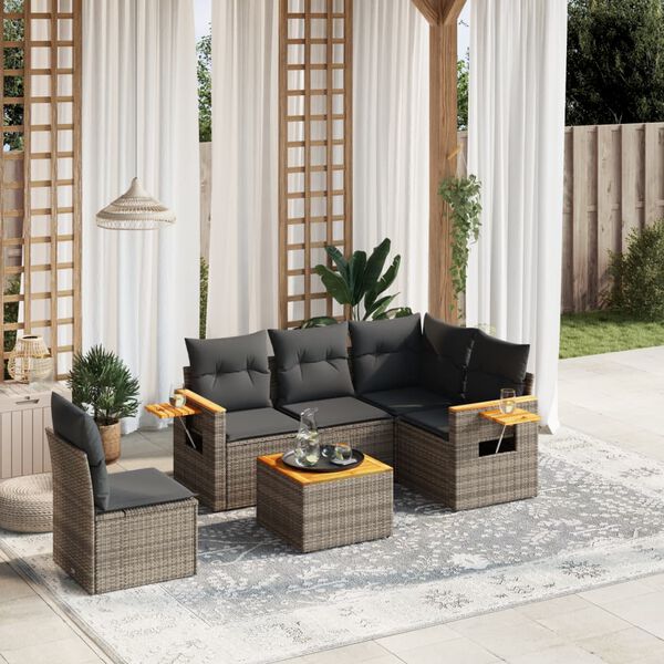vidaXL 6 Piece Garden Sofa Set with Cushions Grey Poly Rattan