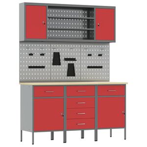 vidaXL Work Cabinet 7 pcs Red and Grey Engineered Wood and Steel