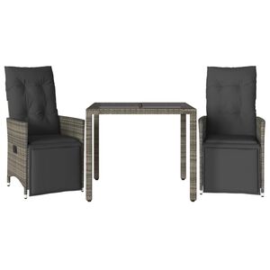 vidaXL 3 Piece Garden Bistro Set with Cushions Grey Poly Rattan