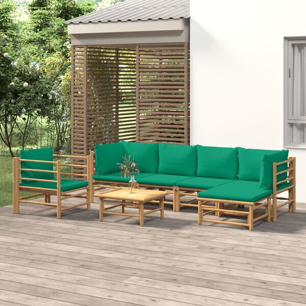 vidaXL 7 Piece Garden Lounge Set with Green Cushions Bamboo