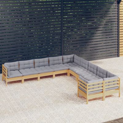 vidaXL 10 Piece Garden Lounge Set with Grey Cushions Pinewood
