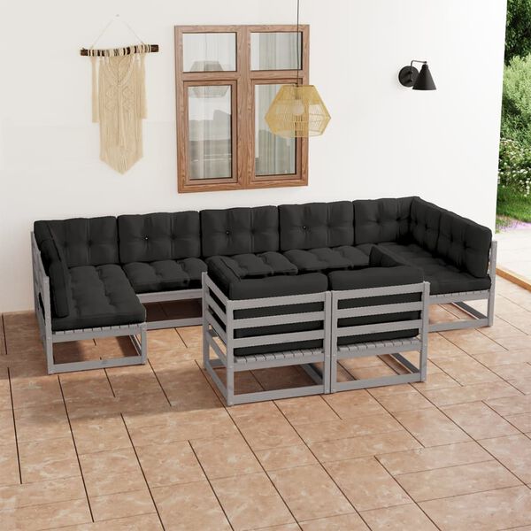 vidaXL 9 Piece Garden Lounge Set with Cushions Grey Solid Pinewood