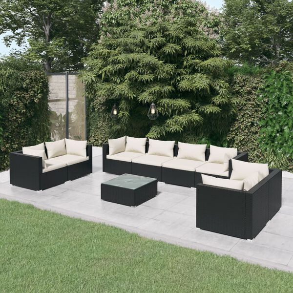 vidaXL 9 Piece Garden Lounge Set with Cushions Poly Rattan Black