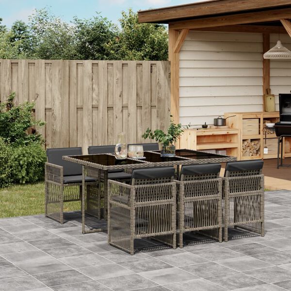 vidaXL 7 Piece Garden Dining Set with Cushions Grey Poly Rattan