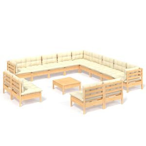 vidaXL 14 Piece Garden Lounge Set with Cream Cushions Solid Pinewood