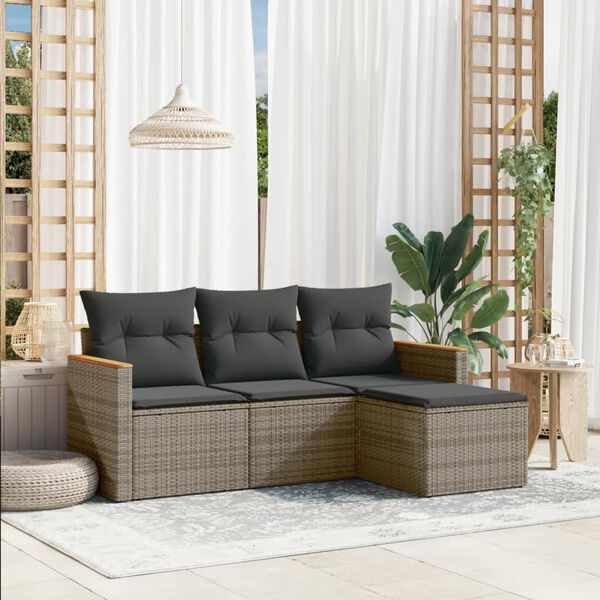vidaXL 4 Piece Garden Sofa Set with Cushions Grey Poly Rattan