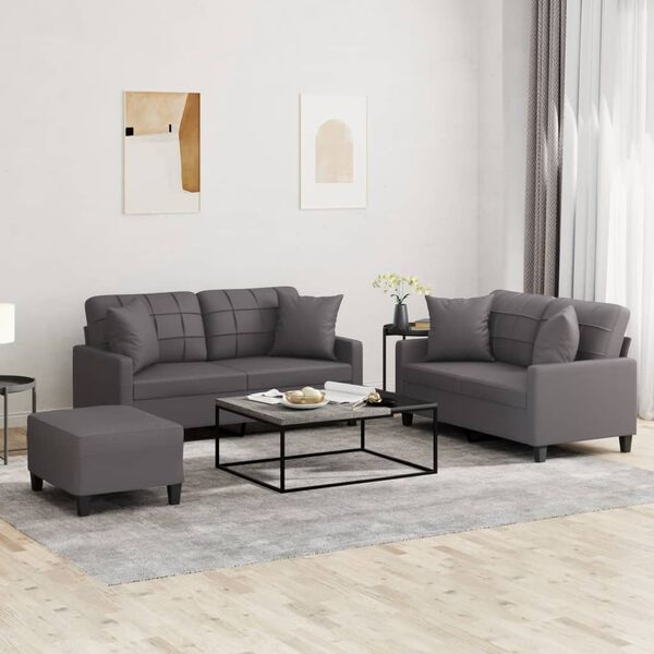 vidaXL 3 Piece Sofa Set with Pillows Grey Faux Leather