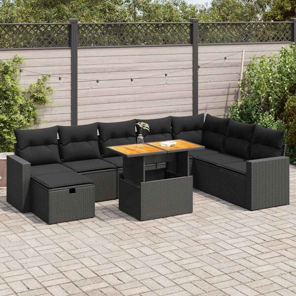 vidaXL 9 Piece Garden Sofa Set with Cushions Black Poly Rattan Acacia