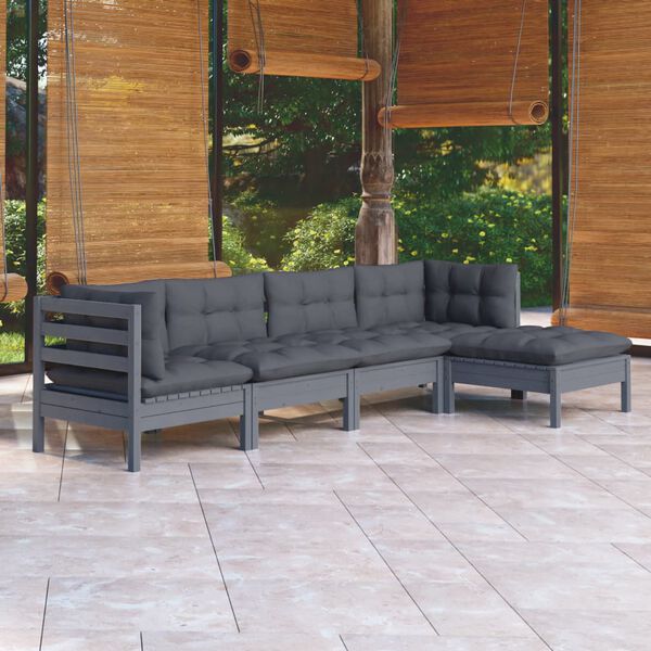 vidaXL 5 Piece Garden Lounge Set with Cushions Grey Pinewood