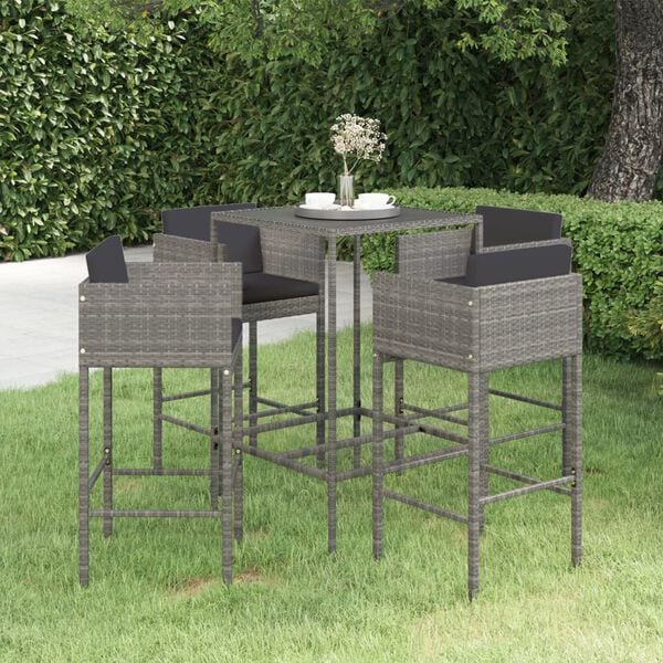 vidaXL 5 Piece Garden Bar Set with Cushions Poly Rattan Grey