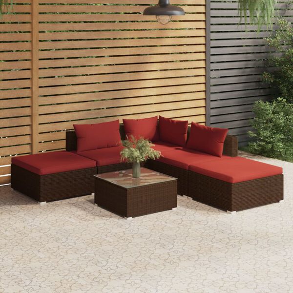 vidaXL 6 Piece Garden Lounge Set with Cushions Poly Rattan Brown