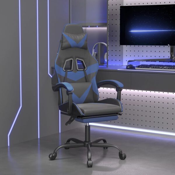 vidaXL Gaming Chair with Footrest Black and Blue Faux Leather