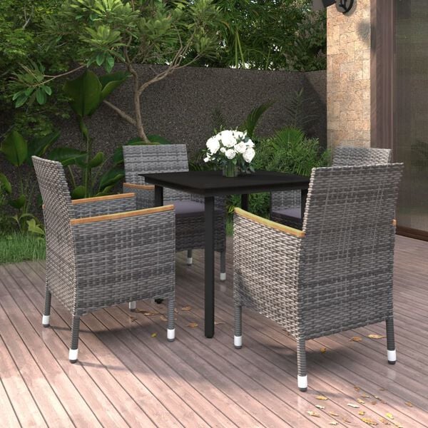 vidaXL 5 Piece Garden Dining Set with Cushions Poly Rattan and Glass