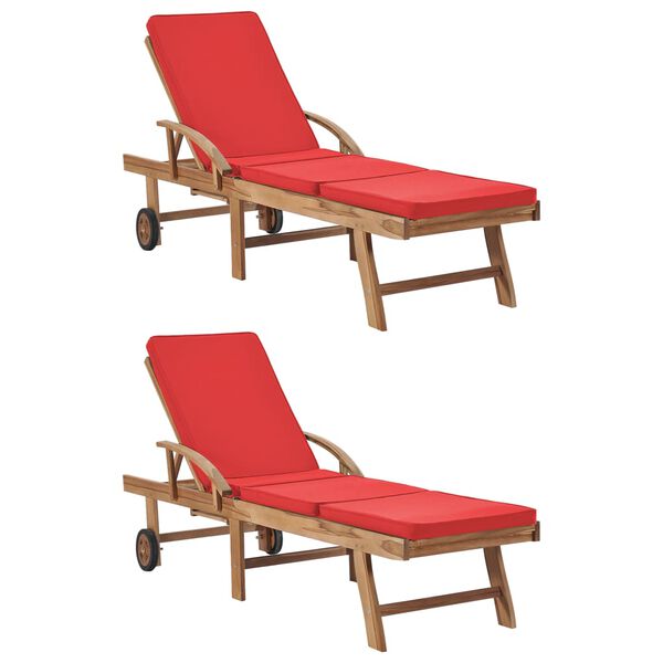 vidaXL Sun Loungers with Cushions 2 pcs Solid Teak Wood Red