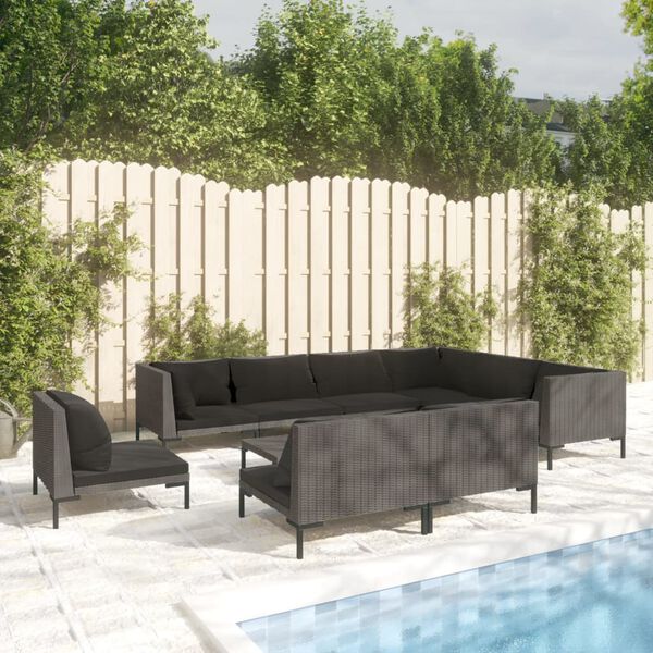 vidaXL 10 Piece Garden Lounge Set with Cushions Poly Rattan Dark Grey