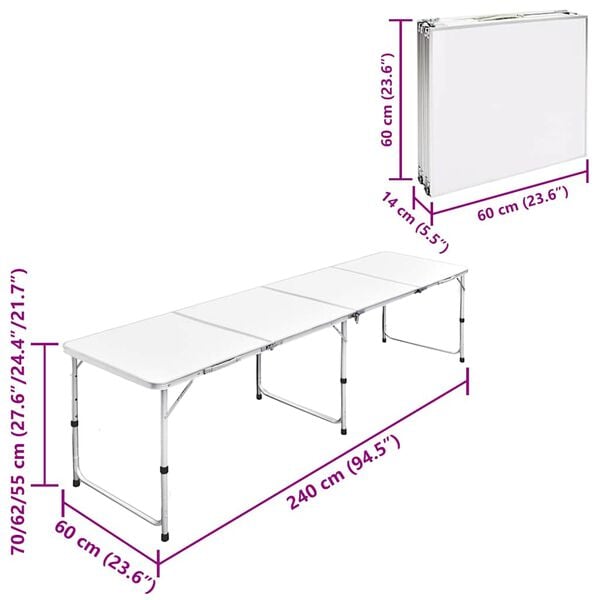 Foldable Camping Table Height Adjustable Aluminium 240 x 60 cm