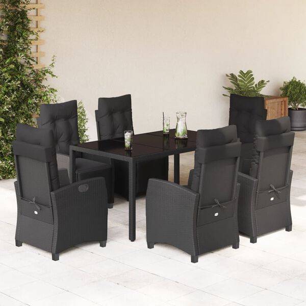 vidaXL 7 Piece Garden Dining Set with Cushions Black Poly Rattan