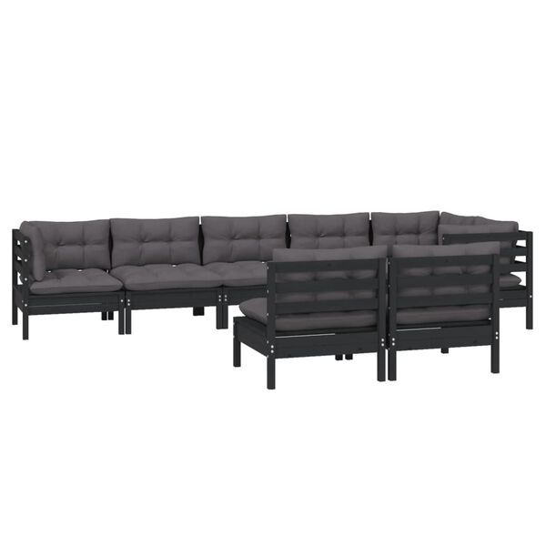 vidaXL 8 Piece Garden Lounge Set with Cushions Black Solid Pinewood