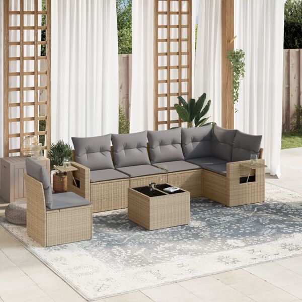 vidaXL 7 Piece Garden Sofa Set with Cushions Beige Poly Rattan