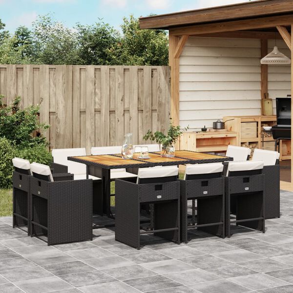 vidaXL 11 Piece Garden Dining Set with Cushions Black Poly Rattan