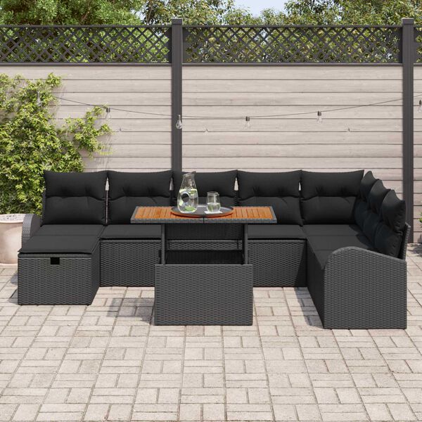 vidaXL Garden Sofa Set with Cushion 9 pcs Black Poly Rattan