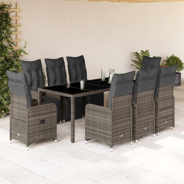 vidaXL 9 Piece Garden Bistro Set with Cushions Grey Poly Rattan