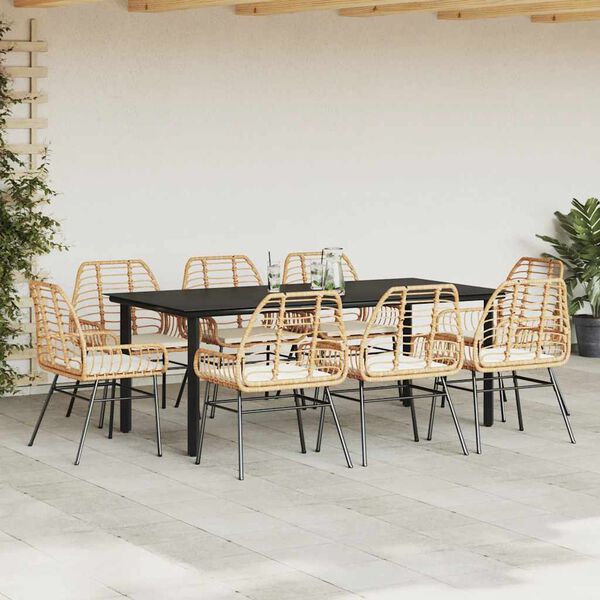 vidaXL 9 Piece Garden Dining Set with Cushions Brown Poly Rattan Glass