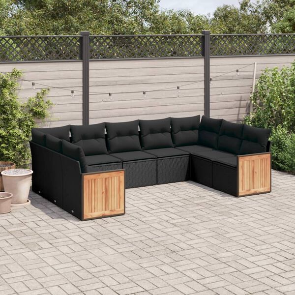vidaXL 9 Piece Garden Sofa Set with Cushions Black Poly Rattan