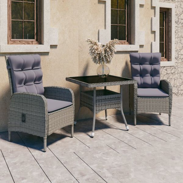 vidaXL 3 Piece Garden Dining Set Poly Rattan and Glass Grey