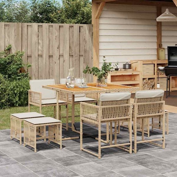 vidaXL 9 Piece Garden Dining Set with Cushions Beige Poly Rattan