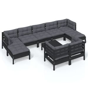 vidaXL 10 Piece Garden Lounge Set with Cushions Black Solid Pinewood