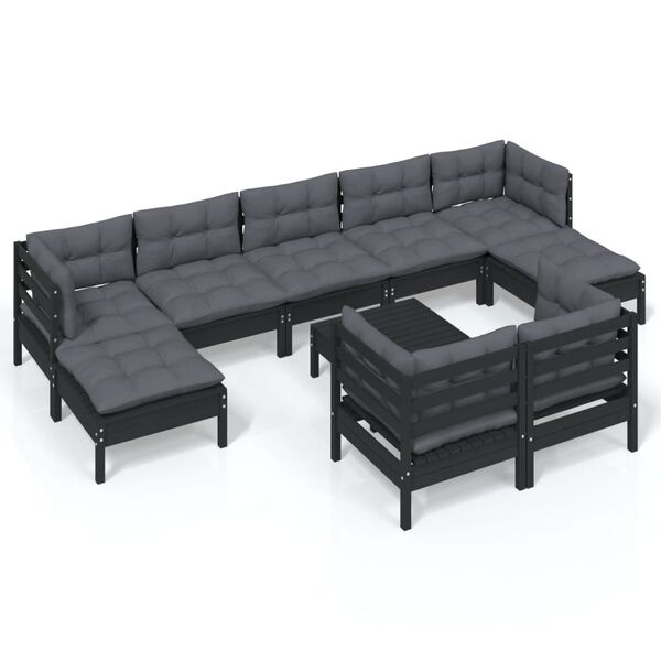 vidaXL 10 Piece Garden Lounge Set with Cushions Black Solid Pinewood