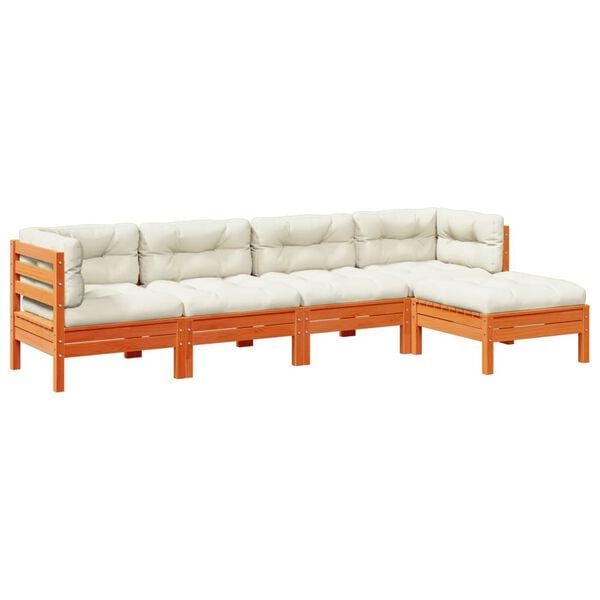 vidaXL 5 Piece Garden Sofa Set with Cushions Wax Brown Solid Wood Pine