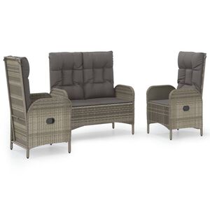 vidaXL 3 Piece Garden Dining Set with Cushions Grey Poly Rattan