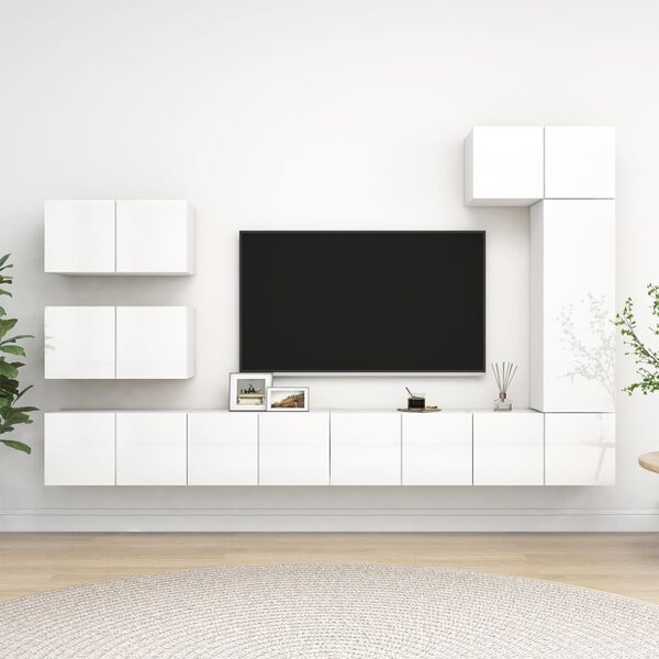 vidaXL 8 Piece TV Cabinet Set High Gloss White Engineered Wood