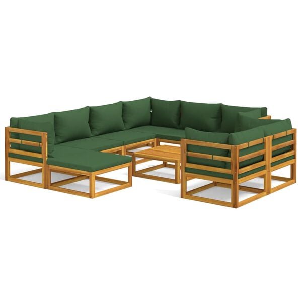 vidaXL 10 Piece Garden Lounge Set with Green Cushions Solid Wood