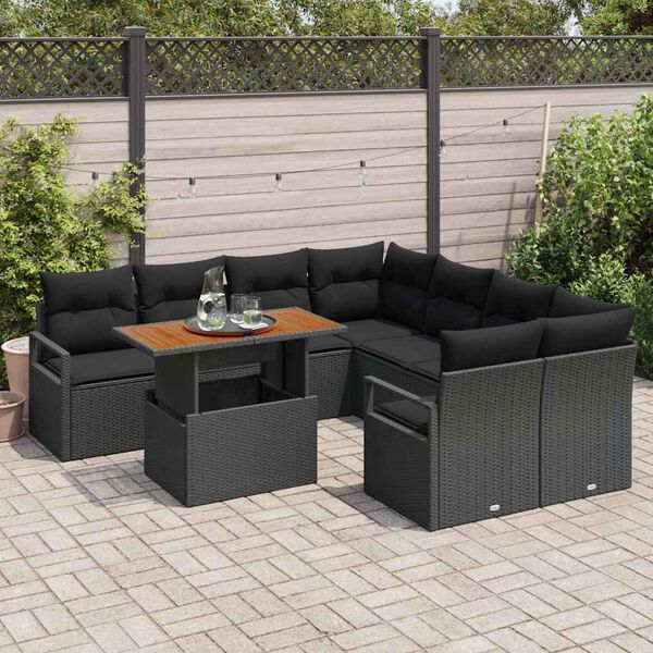 vidaXL Garden Sofa Set with Storage 9 pcs Black Poly rattan