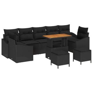 vidaXL Garden Sofa Set with Cushion 10 pcs Black Poly Rattan