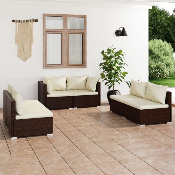 vidaXL 6 Piece Garden Lounge Set with Cushions Poly Rattan Brown